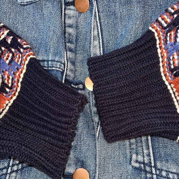 Flying Tomato Boho Women's Denim Jacket with Multicolor Knit Sweater Sleeves L - Picture 7 of 8